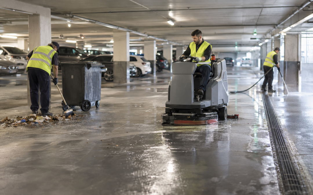 Reiniging van parkeerterreinen: schrobmachine, afvalverwijdering en vloeronderhoud