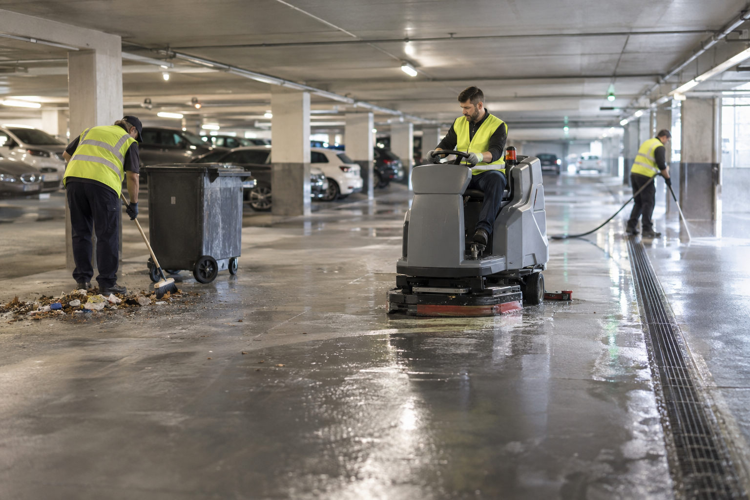 Nettoyage de parking : autolaveuse, déchets et entretien des sols